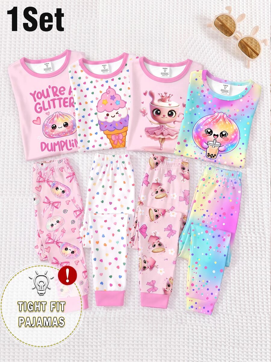 Young Girls Pajamas New Cute Bun Colorful Print Knitted High Elastic Round Neck Top With All-Over Colorful Polka Dot Pattern Long Pants Casual 2 Pieces Set Home Wear.1Set Cute Sweet Style Snug Fit - Multicolor - View 1