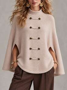 Omancia Atasan Sweater Rajut Longgar Model Cape Wanita Motif Kancing Katak Vintage Musim Gugur/Dingin - Unta - View 6