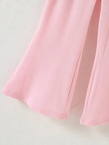 SHEIN 女童秋冬新款休閒兩件套｜不對稱上衣配3D蝴蝶結裝飾，半高領羅紋針織抓絨素色粉色羅紋針織面料上衣＋長褲 - 粉色 - 查看 5