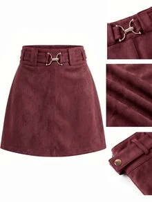 SHEIN Clasi 女款純色A字直筒高腰附腰帶裙 - 酒紅色 - 查看 3
