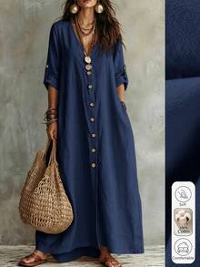 Linhara Autumn/Winter New Minimalist Versatile V-Neck Button-Down Single-Breasted Long Sleeve A-Line Dress, Fashion Slimming Figure-Flattering Plus Size Dress - Navy Blue - View 1