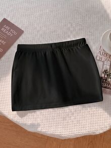 SHEIN 女童一體式緊身內搭褲，抽繩腰頭配黑色裙擺，健身網球秋季休閒款 - 黑色 - 查看 2