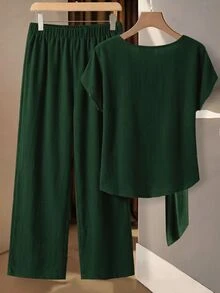 SHEIN Clasi 大尺碼純色圓領前綁帶上衣與純色長褲兩件套 度假郵輪棕色夏季休閒 - 墨綠色 - 查看 2