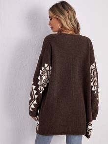 SHEIN LUNE Geo Pattern Fuzzy Knit Cardigan In Fall/Winter - Brown - View 2