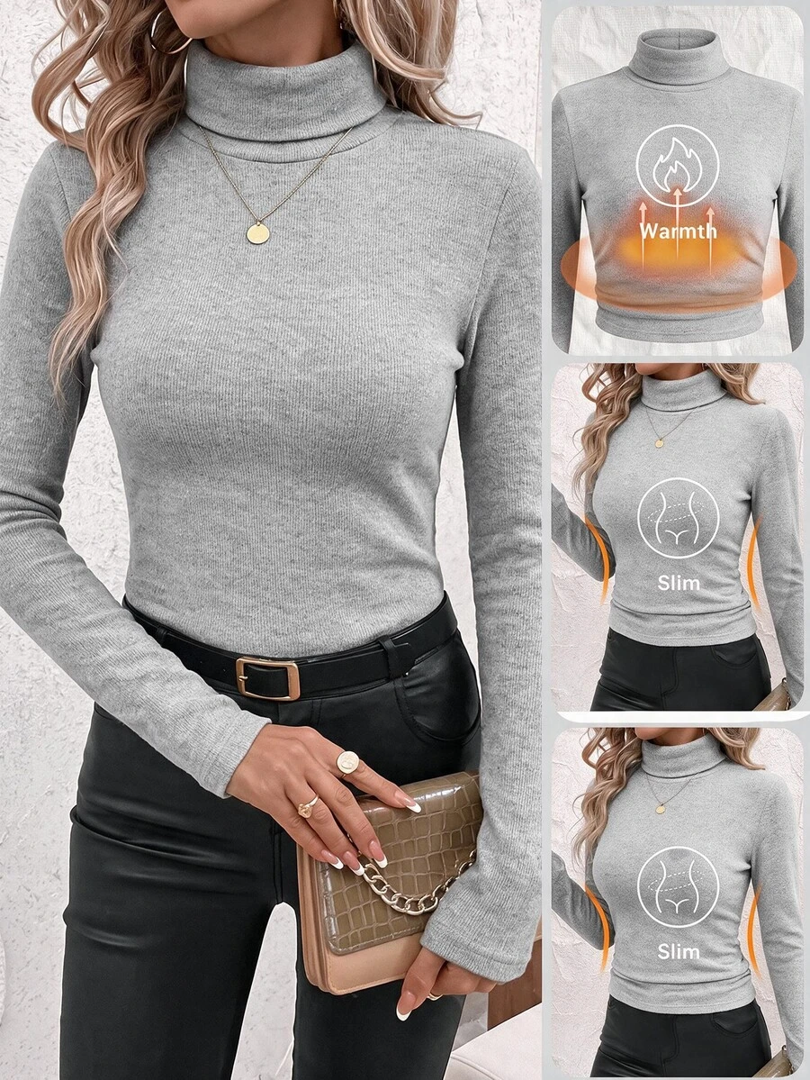 SHEIN Clasi 女款立領抓皺腰部保暖發熱T恤 - 淺灰色 - 查看 1