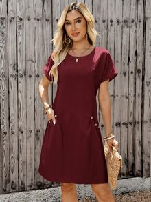 EMERY ROSE Gaun Mini Lengan Pendek Warna Polos Kasual Musim Panas Wanita, Cocok untuk Liburan Siang Hari di Kota, Perjalanan, Liburan, Kantor, Makan Siang, dan Kerja. - Burgundy - View 6