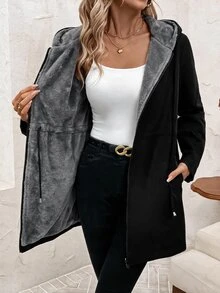 SHEIN Clasi 女款豹紋可翻面帽子外套 日常外出穿著 黑色 秋冬休閒 - 彩色 - 查看 1