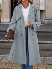 SHEIN Clasi 女款保暖內裡風衣大衣，輕量秋季冬季教師節辦公商務米色休閒優雅 - 霧霾藍 - 查看 4