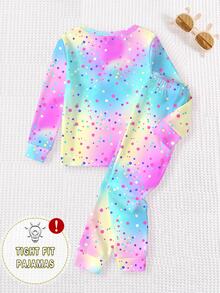 Young Girls Pajamas New Cute Bun Colorful Print Knitted High Elastic Round Neck Top With All-Over Colorful Polka Dot Pattern Long Pants Casual 2 Pieces Set Home Wear.1Set Cute Sweet Style Snug Fit - Multicolor - View 2