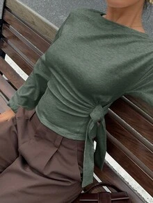 Siren Gaze 女款休閒純色收腰 T 恤，適合秋冬春季 - 軍綠色 - 查看 5