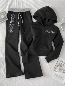 SHEIN 兒童青少年女孩字母印花純黑色拉鍊連帽外套與拼色腰部運動長褲休閒秋冬運動套裝 - 黑色 - 查看 7