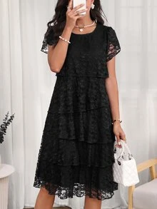 Medorina 優雅女款多層不對稱設計黑色花卉連身裙，花瓣造型短袖，層次荷葉邊下擺，適合晚宴與下午茶派對 - 黑色 - 查看 6