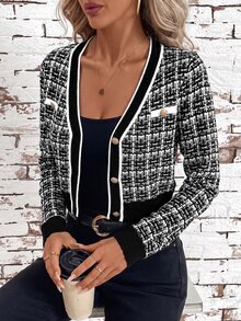 SHEIN Clasi 1pc Women's Color Blocking Trim Fitted Short Cardigan, Plaid Pattern, Elegant In Fall/Winter - Black and White - View 4