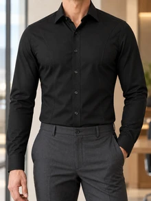 Manfinity Mode Men's Business Casual Wrinkle-Resistant Fabric Front Panel Patchwork Design Long Sleeve Shirt - Black - View 1