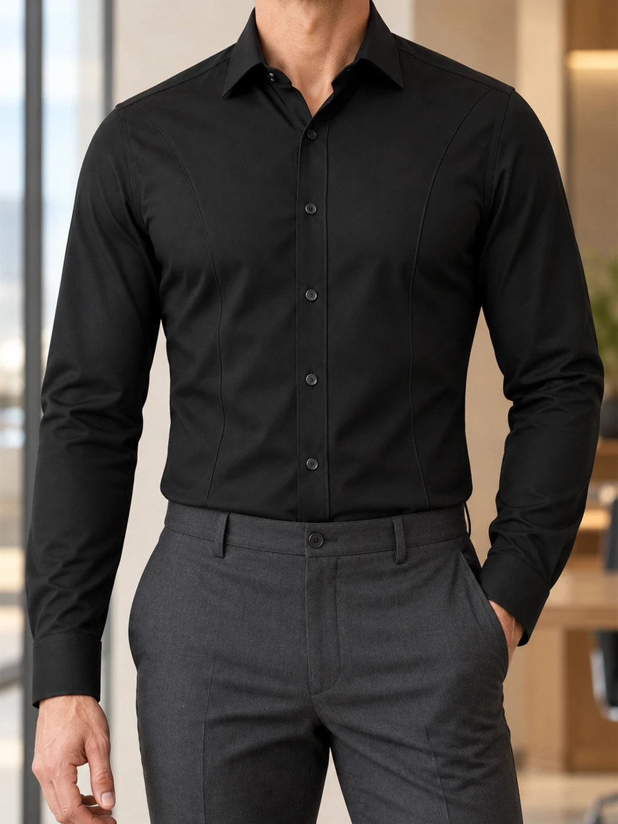 Manfinity Mode Men's Business Casual Wrinkle-Resistant Fabric Front Panel Patchwork Design Long Sleeve Shirt - Black - View 1