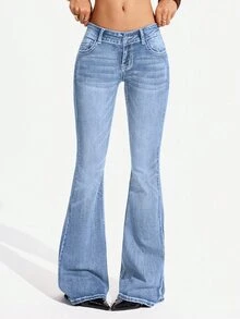 SHEIN Tall 女款休閒日常喇叭牛仔褲，附口袋與鈕扣設計 - 淺色水洗藍 - 查看 3