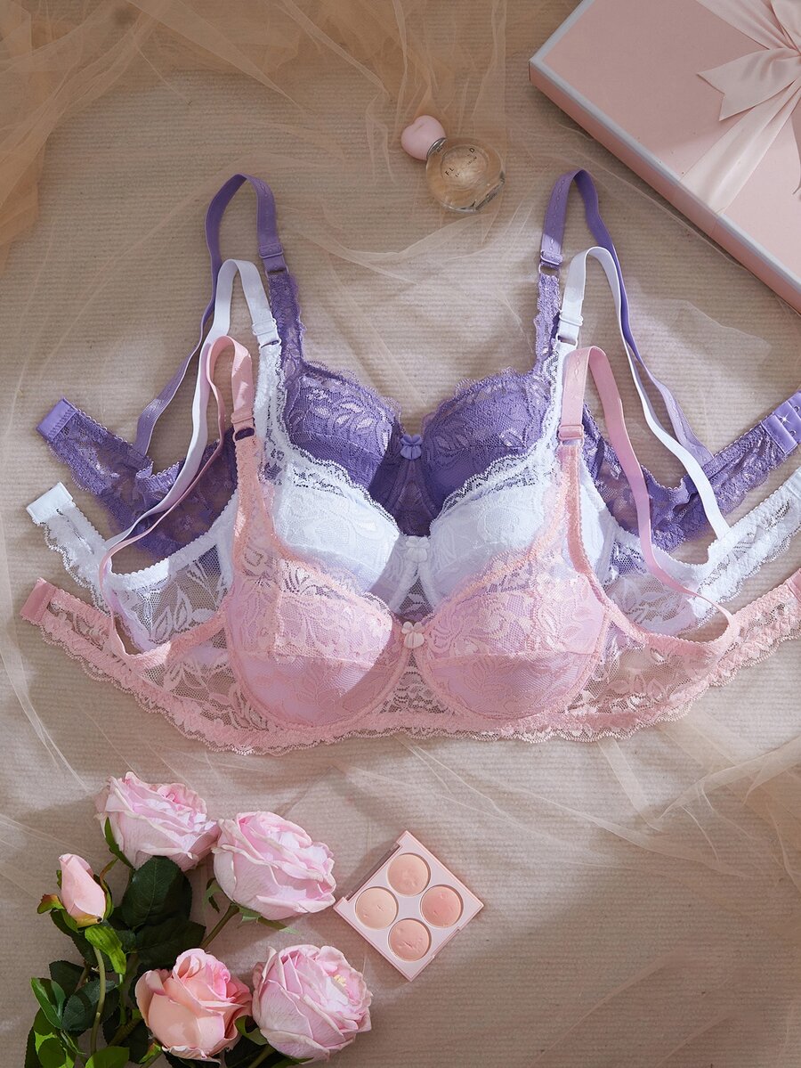 DesireSculpt 3-Piece Set Minimalist Women's Underwire Bra Sexy Lace French Romantic Lingerie - Multicolor - View 1