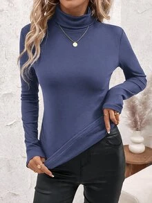 SHEIN Clasi 女款立領抓皺酒紅色收腰抓絨保暖T恤上衣，聖誕休閒居家家居秋季簡約基礎上班穿搭上衣 - 藍色 - 查看 5