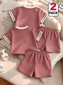 Girls Strawberry & White Floral Print Top And Shorts Set - Comfortable Summer Style, Suitable For Spring, Summer, Autumn; White & Pink Color Scheme For Daily Wear, Fashionable And Cute Street Style, Suitable For All Seasons; Cute Outfit For Vacation, Designed Specifically For Young Girl - Multicolor - View 2
