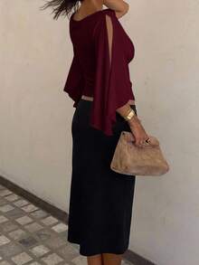 Siren Gaze Women's Solid Color V-Neck Pleated Casual Daily Wear Blouse - Burgundy - View 2