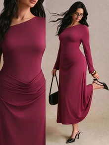Cravure Plus Size Women's Autumn/Winter Cinched Waist Pleated Asymmetric Collar Elegant Commute Party Dress Christmas - Burgundy - View 5