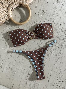 Swim Mod Springbreak 女款沙灘裝 夏季女裝套裝，隨機印花平口比基尼套裝，金屬裝飾，性感 - 彩色 - 查看 3