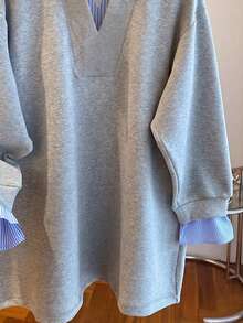SHEIN 大尺碼女款條紋拼接休閒寬鬆長袖衛衣 秋季 - 灰色 - 查看 4