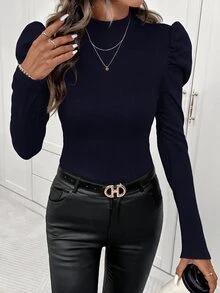 Editum 女款優雅高領羊腿袖針織保暖內裡T恤，淺米色長袖上衣，適合秋季辦公、休閒教師節穿搭 - 藏蓝色 - 查看 8