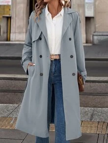 SHEIN Clasi 女款保暖內裡風衣大衣，輕量秋季冬季教師節辦公商務米色休閒優雅 - 霧霾藍 - 查看 5