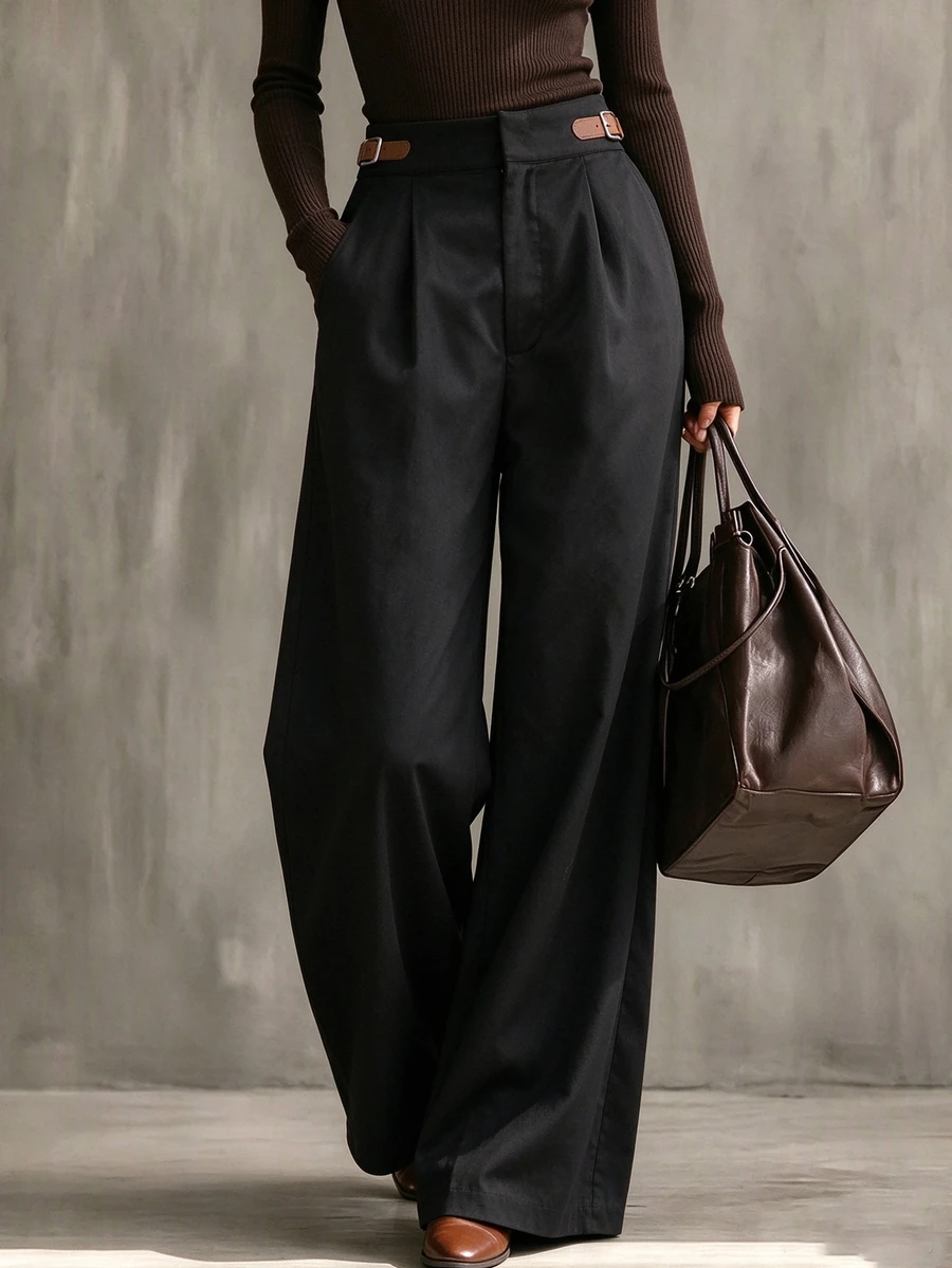 SHEIN Women's Elegant Commute Wide Leg Belt Cinched Waist Design Black Long Pants, Simple And Professional For Daily Wear - Black - View 1