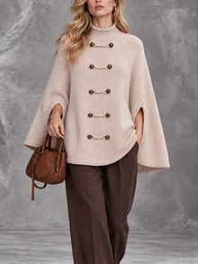 Omancia Atasan Sweater Rajut Longgar Model Cape Wanita Motif Kancing Katak Vintage Musim Gugur/Dingin - Unta - View 1