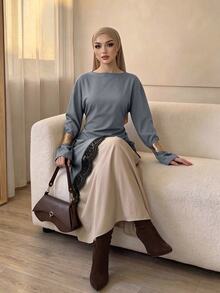 Celisse Women's Early Autumn New Loose Fit Asymmetrical Hem Lace Trim Long Sleeve Top - Grey - View 7
