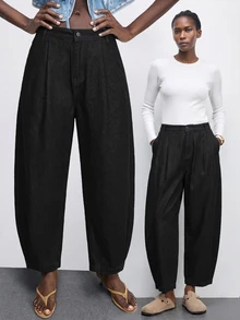 Maija Plus Size Women's Casual Daily Denim Jeans With Pockets And Buttons - Black - View 4