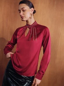 MOTF PREMIUM BLUS WANITA DEKORASI BATU PERMATA UNTUK PAKAIAN KASUAL SEHARI-HARI - Burgundy - View 4
