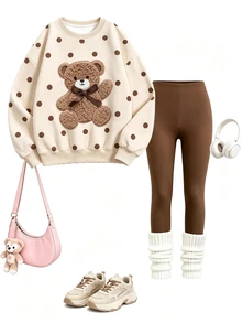 Young Girls Leopard Print Crew Neck Sweatshirt Set, Personalized Leopard Print Set, Personalized Sweatshirt, Suitable For Autumn/Winter, Daily Wear, Casual Style, Energetic Outfit, Casual Outing, Basic Style, Comfortable And Easy To Wear, Daily Casual - Multicolor - View 2