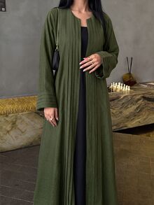 Yasmyna Elegant Round Neck Olive Green, Exquisite Pleated Patchwork Front Center Long Sleeve Raglan Sleeve, Large Flare Women's Arabic Abaya, Suitable For Home Daily, Date And Vacation. - Olive Green - View 5