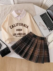 SHEIN 青少年女孩秋季套裝 2件/套 黑白配色 2合1領口上衣與條紋格紋A字迷你裙套裝 - 棕色 - 查看 3