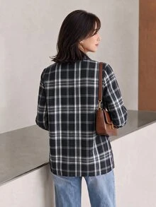 Yumoku Kemeja Kasual Serbaguna Wanita Motif Kotak-kotak untuk Sehari-hari - Hitam dan Putih - View 2