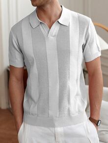 Manfinity Homme Old Money 男士短袖半拉鍊針織 Polo 衫，深棕色夏季休閒正裝商務日常針織上衣，男士休閒針織上衣針織襯衫 - 淺灰色 - 查看 3