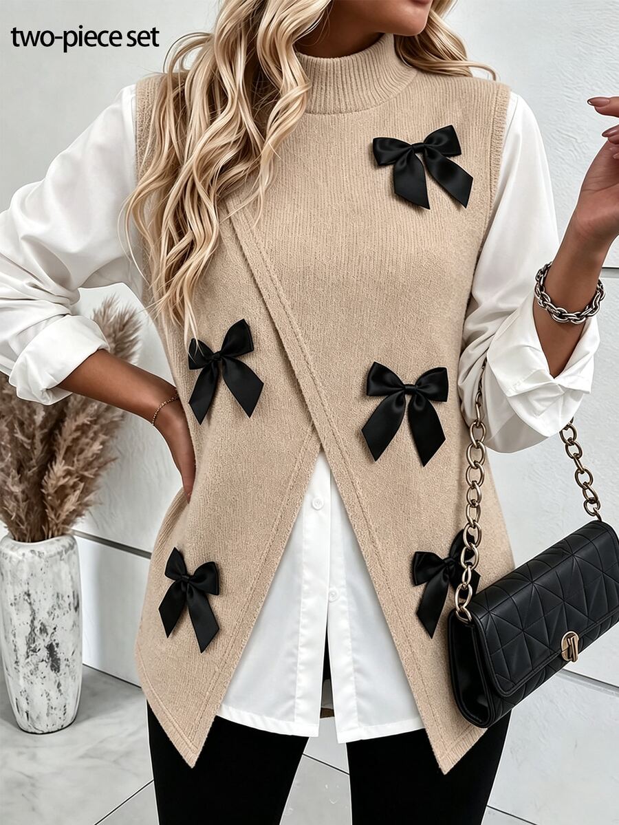 Zayélia Women's Bow-Knit Vest Layered With White Shirt 2 Pieces Set - Khaki and White - View 1
