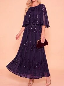 Amorya 女款深棕色亮片拼接優雅中長洋裝，適合夏季婚禮、晚餐、雞尾酒會、正式晚宴、舞會、典禮禮服套裝 - 紫色 - 查看 6