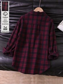 SHEIN 女童時尚休閒學院風寬鬆慵懶長袖中長版襯衫，適合日常穿著、秋季上衣、校園、外出、派對、聖誕，黑色與紅色 - 酒紅色 - 查看 2