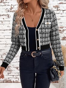 SHEIN Clasi 1pc Women's Color Blocking Trim Fitted Short Cardigan, Plaid Pattern, Elegant In Fall/Winter - Black and White - View 5