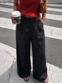 SHEIN Women's Elegant Commute Wide Leg Belt Cinched Waist Design Black Long Pants, Simple And Professional For Daily Wear - Black - View 4