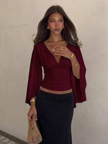 Siren Gaze Women's Solid Color V-Neck Pleated Casual Daily Wear Blouse - Burgundy - View 3