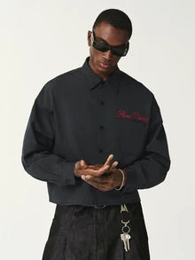 STYNVO 男士字母刺繡長袖單排扣休閒襯衫 - 深灰色 - 查看 5