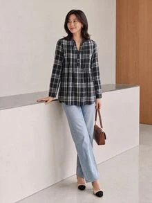 Yumoku Kemeja Kasual Serbaguna Wanita Motif Kotak-kotak untuk Sehari-hari - Hitam dan Putih - View 3