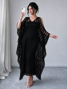 Elenzga Plus Size Women Solid Color Camisole Dress And Cover Up Set - Black - View 4