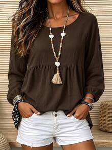 Linhara CURVE Plus Size Women's Woven Casual Fall Shirt - Coffee Brown - View 6