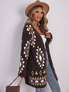 SHEIN LUNE Geo Pattern Fuzzy Knit Cardigan In Fall/Winter - Brown - View 3
